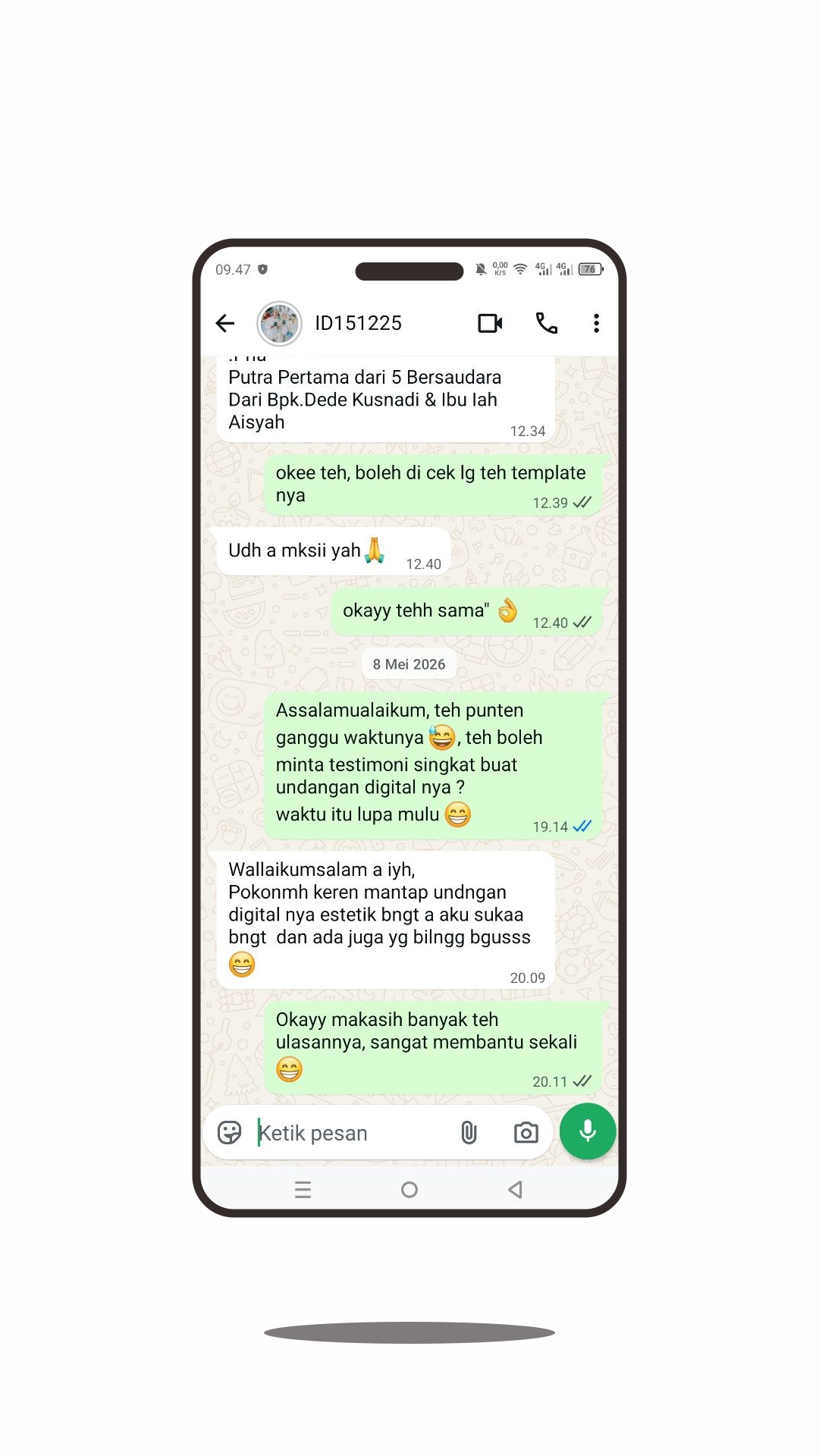 Screenshot testimoni WhatsApp ID151225