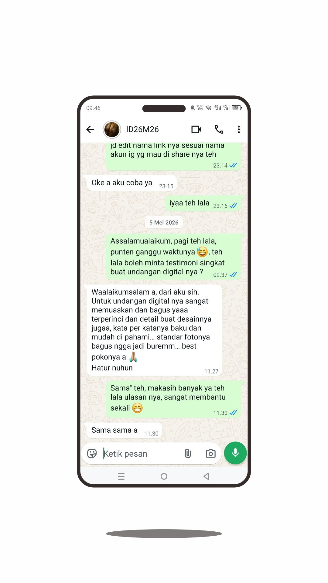 Screenshot testimoni WhatsApp ID26M26