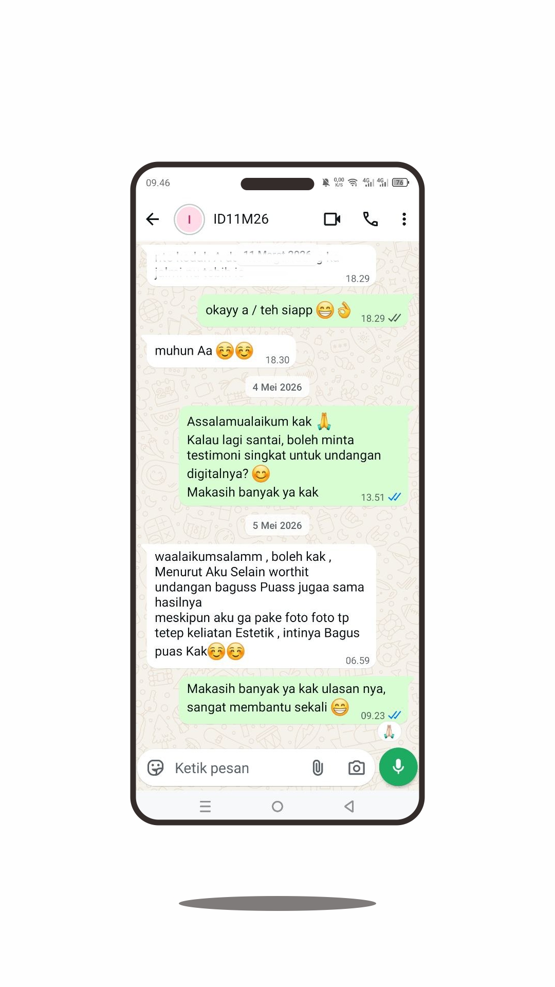 Screenshot testimoni WhatsApp ID11M26