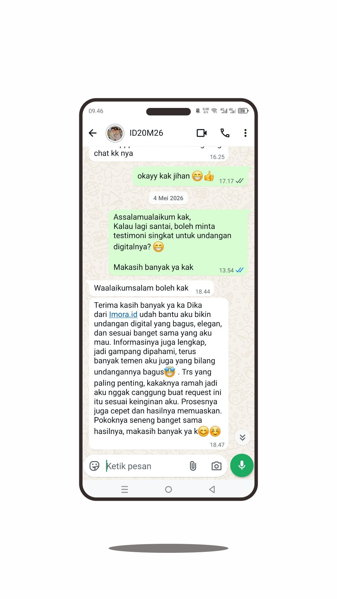 Screenshot testimoni WhatsApp ID20M26