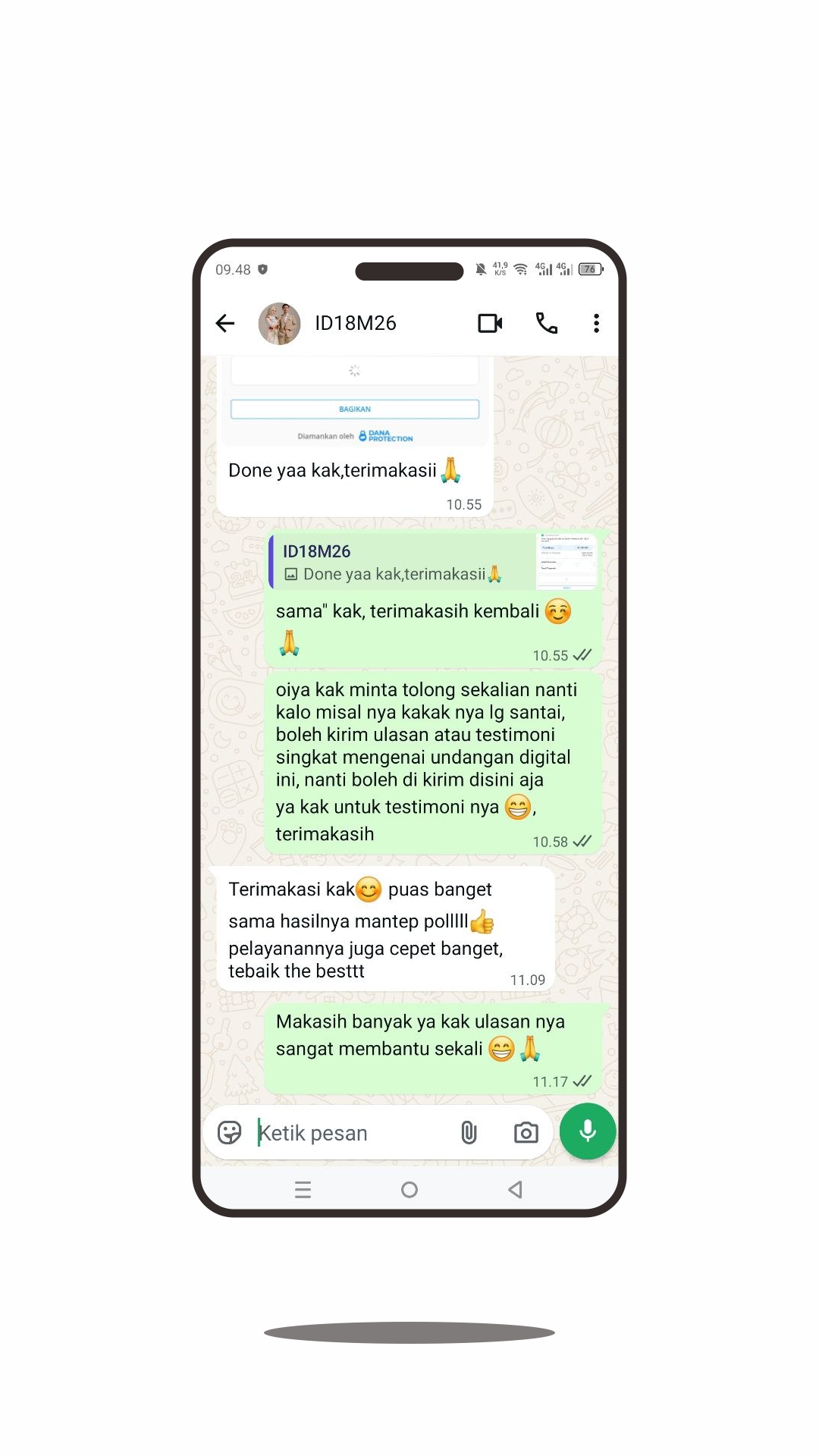Screenshot testimoni WhatsApp ID18M26