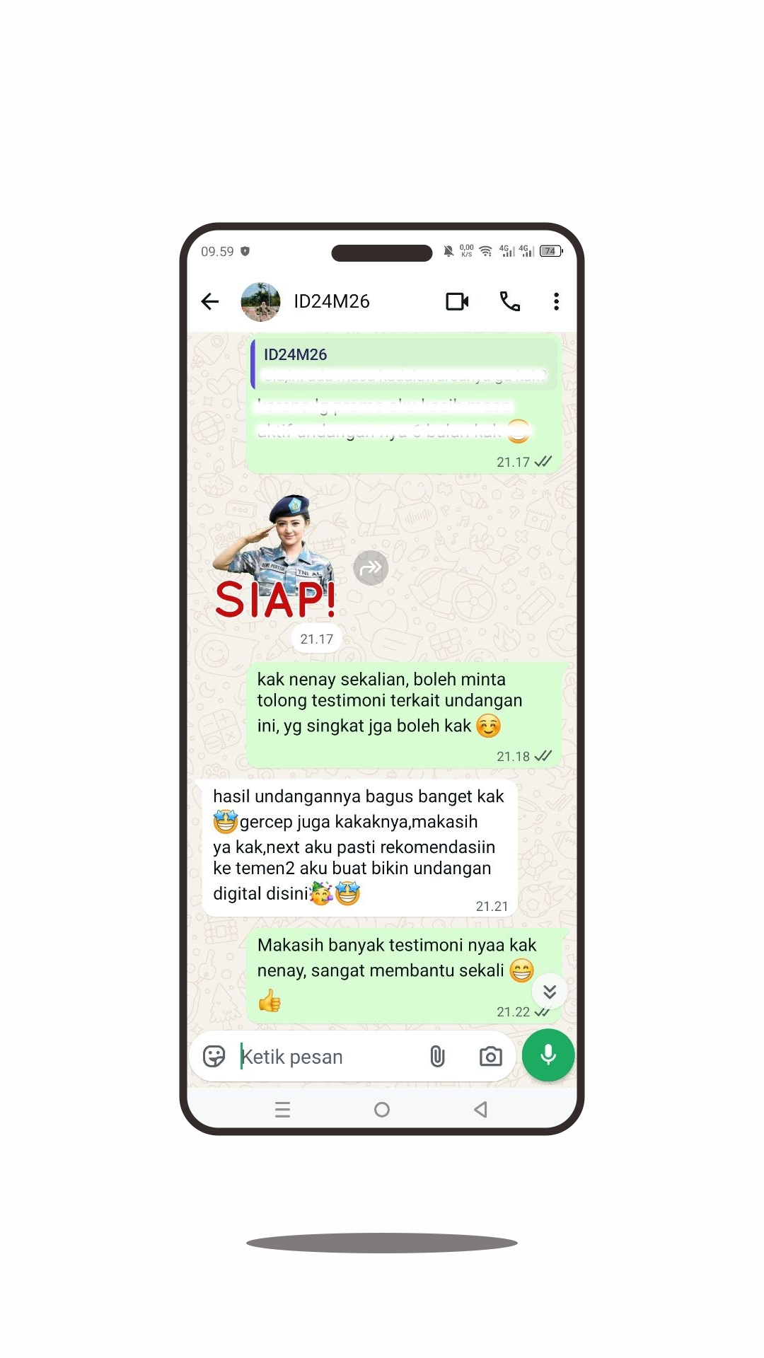 Screenshot testimoni WhatsApp ID24M26